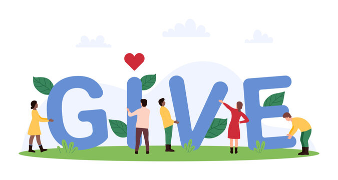 Community support, charity contribution of charitable nonprofit organization for giving social assistance and help. Tiny people holding letters of Give word together cartoon vector illustration