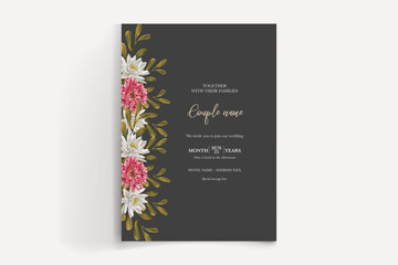 WEDDING INVITATION FRAME WITH FLOWER DECORATIONS AND FRESH LEAVES 