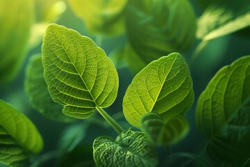 Close-up of lush green leaves bathed in sunlight, showcasing vibrant nature.