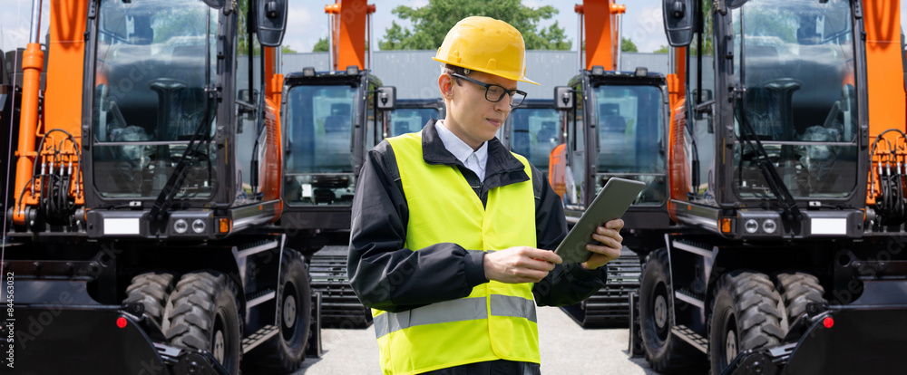 Aufkleber engineer in a helmet with a digital tablet stands next to construction excavators