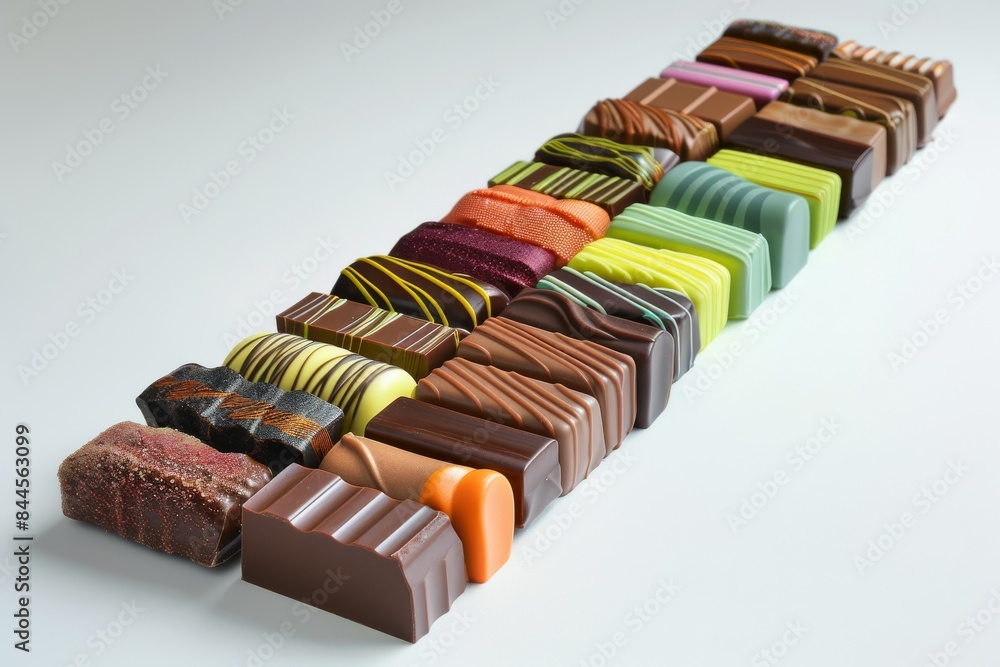 Poster assorted chocolate bars with colorful patterns, perfect for a rich and indulgent dessert display