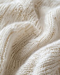 Close-up of soft, cream-colored knitted fabric. Texture, background, and textile concept.