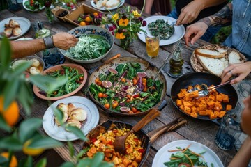 A family enjoying a plant-based dinner at home with a variety of dishes made from seasonal produce...