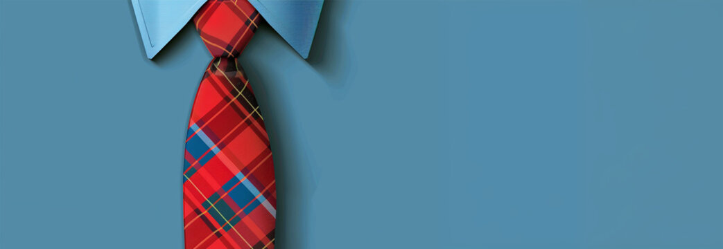 Happy fathers day concept. Top view of red tie on blue background t-shirt, on bright blue pastel background. Copy space top view. Happy Father's Day design