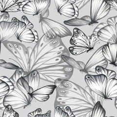 Seamless pattern with grey flying butterflies on a grey background. A hand-drawn watercolor illustration. For textiles, wallpapers and backgrounds. For packaging paper and labels, printing.