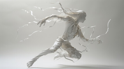 A delicate paper sculpture of a person in a dynamic, action pose