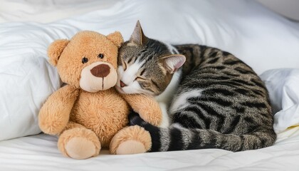 テディベアと眠る猫