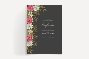 WEDDING INVITATION FRAME WITH FLOWER DECORATIONS AND FRESH LEAVES 