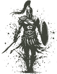 a warrior walking forward in an armored helmet with feathers with a shield and sword in his hands