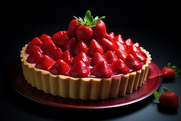 Vibrant, fresh strawberry tart on a dark backdrop, perfect for dessert menus or culinary concepts