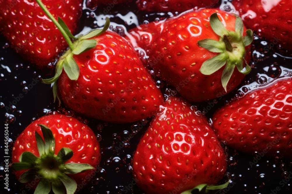 Wall mural ripe red strawberries with vibrant green stems making a splash on a dark background