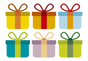Hoja de iconos de regalos morado, naranja, azul, amarillo y verde