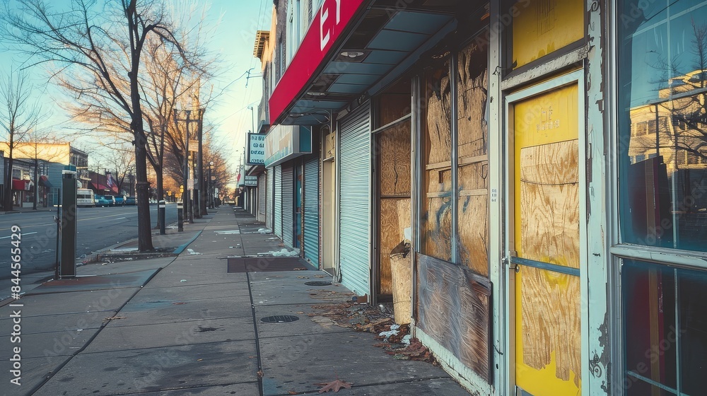 Wall mural empty city street with boarded-up storefronts