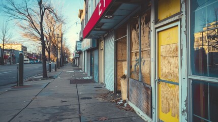 Empty City Street with Boarded-Up Storefronts