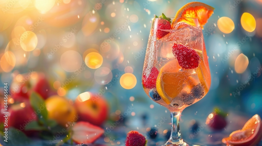 Wall mural a chilled glass of sangria brimming with colorful fruits and sparkling with effervescence. - Wall murals