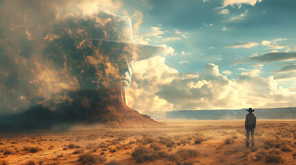 Obraz premium A lone cowboy standing at the edge of a vast, empty desert. Concept. 