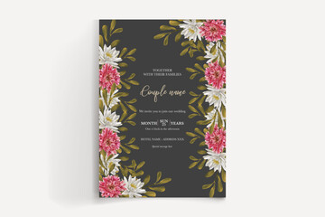 WEDDING INVITATION FRAME WITH FLOWER DECORATIONS AND FRESH LEAVES 