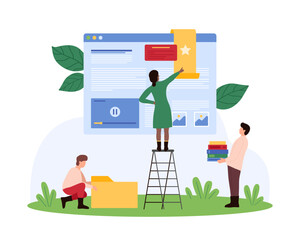 Webpage bookmark in browser window for online Internet pages organization, management. Tiny people save digital favorite content of web page with star sign for reading cartoon vector illustration