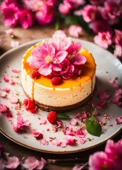 looking down plate of cheesecake, pink flowers everywhere, vintage look, cinematic lighting, food photography, beautiful, delicious food, recipe photography, realistic, natural light, colorful, food a