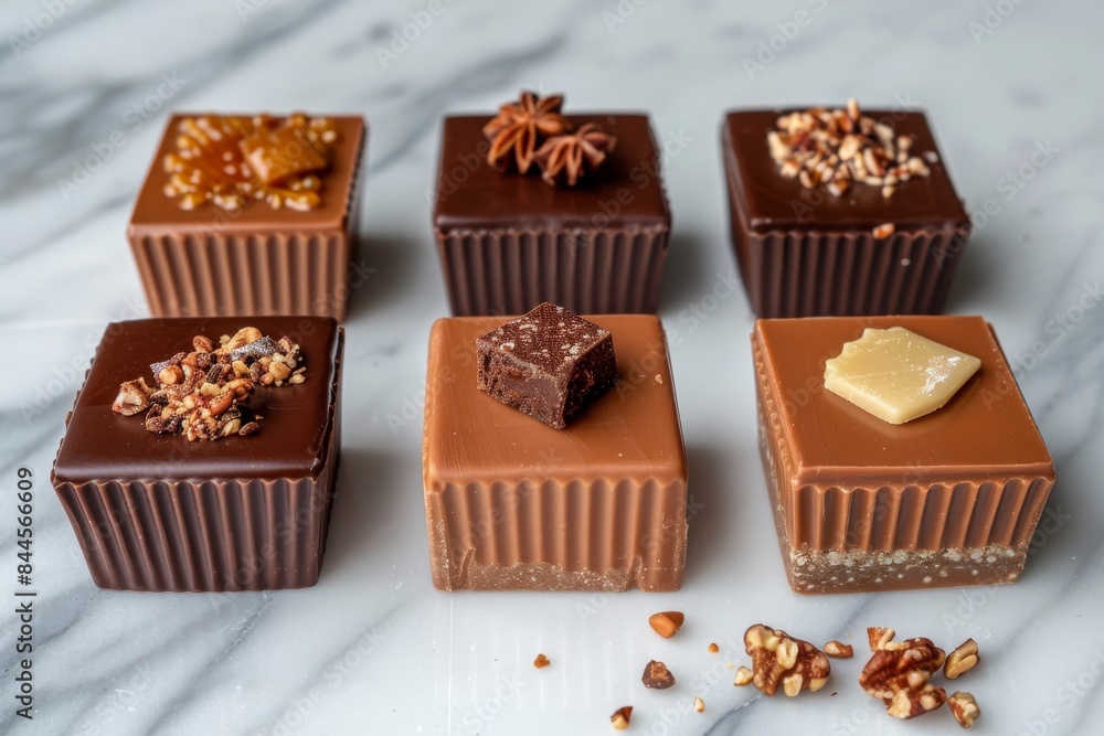 Poster elegant chocolate pralines with intricate patterns, perfect for a sophisticated and rich dessert dis
