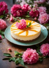 looking down plate of cheesecake, pink flowers everywhere, vintage look, cinematic lighting, food photography, beautiful, delicious food, recipe photography, realistic, natural light, colorful, food a