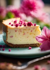 looking down plate of cheesecake, pink flowers everywhere, vintage look, cinematic lighting, food photography, beautiful, delicious food, recipe photography, realistic, natural light, colorful, food a