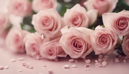 A heart-shaped display of pink and white roses on a soft, romantic, light pink backdrop.