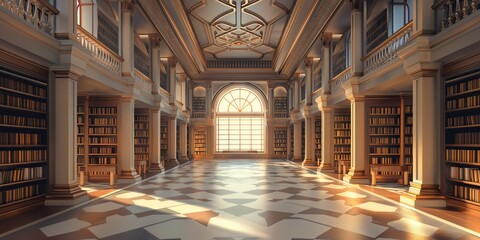 An expansive grand library interior bathed in sunlight streaming through enormous windows, showcasing rows of book-filled shelves and ornate architectural elements exuding knowledge and wisdom.