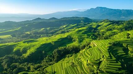 Lush green terraced rice fields in a mountainous landscape, top view