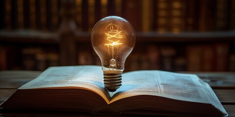 A glowing light bulb placed on an open book within a dark library setting, symbolizing the illumination of ideas, creativity, and intellectual enlightenment in an environment rich with knowledge.