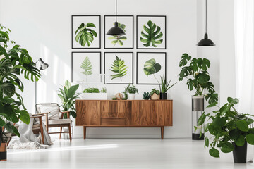 A stylish living room featuring black-framed plant prints, wooden furniture, and green plants, creating a calm and natural atmosphere