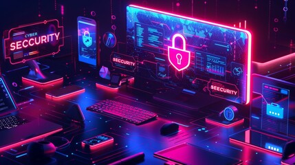 A highly detailed cyber security digital artwork, depicting a computer setup with a neon glowing padlock indicating protection against cyber threats