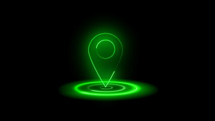 Glowing neon location icon and located map pin marker animation on black background. location signal icon concept.