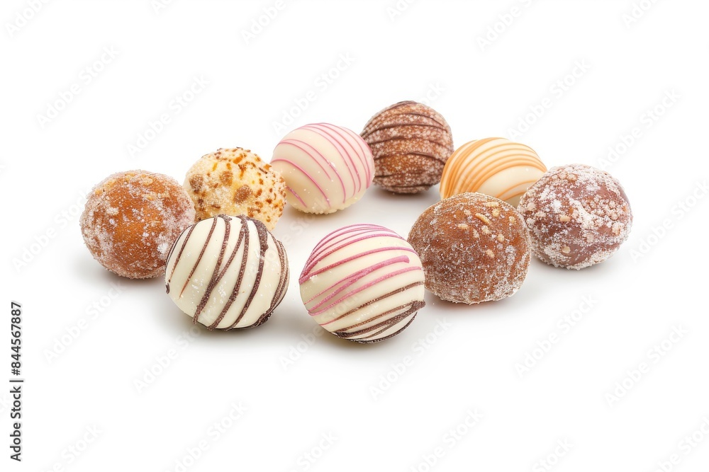 Poster assorted chocolate truffles with striped patterns, perfect for a sophisticated and delightful desser