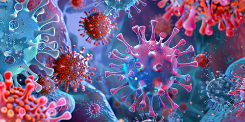 Virus Entry into Cell: A detailed illustration showing the process of the novel virus attaching to host cell receptors, fusing with the cell membrane, and releasing its genetic material into the cell