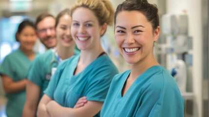 A photo of Nurse team smiling looking at the camera in hospital, using natural light.