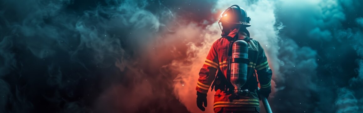 Firefighter in smoke on dark background with copy space banner, full body of firefighter standing and holding firehose wearing protective