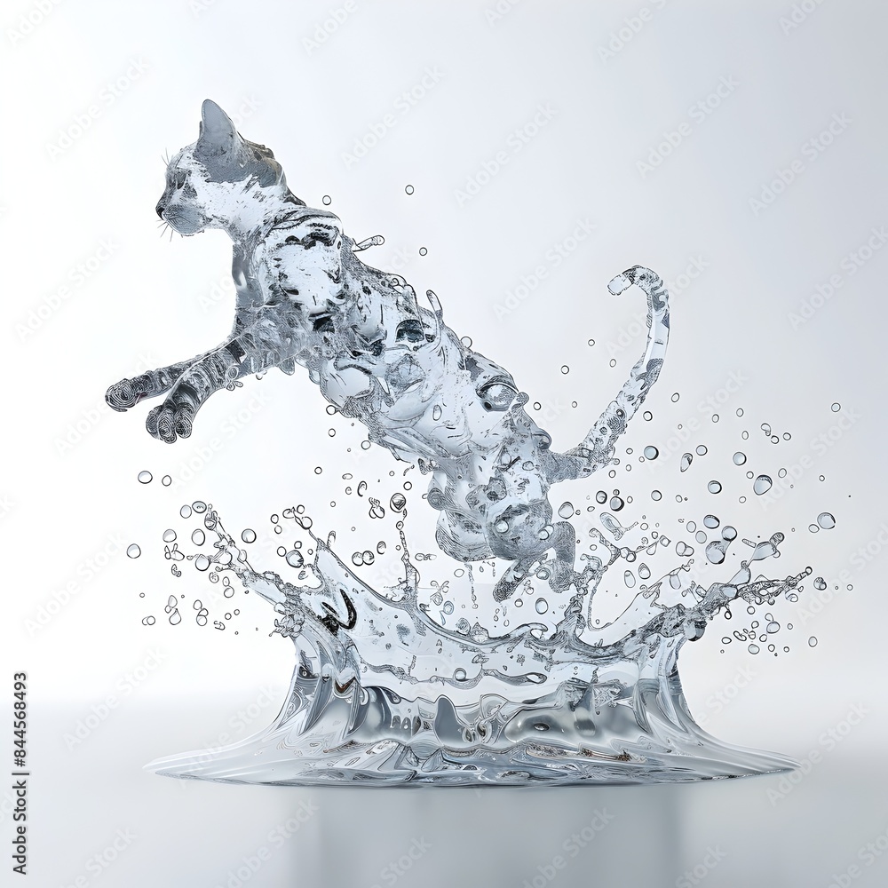 Poster splashing feline:a dynamic 3d rendered water cat in motion
