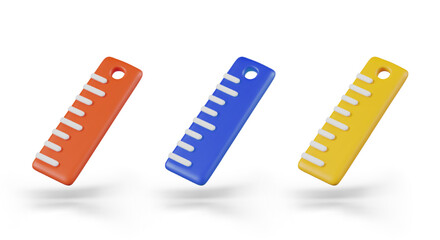 Set of vector 3D rulers of different colors. Classic desktop tool for measuring distance