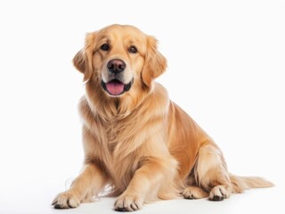 an adorable golden retriever on white background