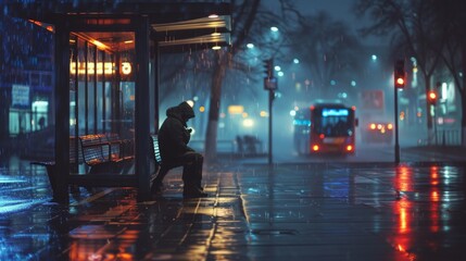 Naklejka premium A solitary figure sits under the illumination of a bus stop on a wet, reflective street at night, with city lights and a bus in the background