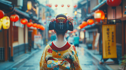 Fototapeta premium A candid photo of Geisha on the street on the way to work