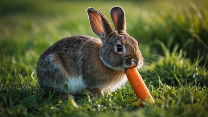 a cute rabbit eating carrot on grass