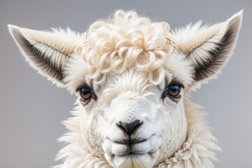 closeup shot of fuzzy alpaca on white background