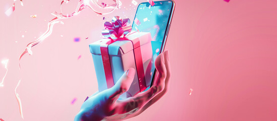 hand holding a gift box emerging from a smartphone screen essence of gift e commerce and online shopping