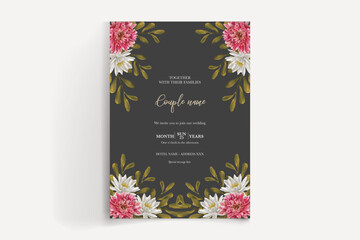 WEDDING INVITATION FRAME WITH FLOWER DECORATIONS AND FRESH LEAVES 