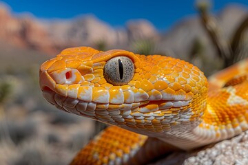 Fototapeta premium Close-Up of Vibrant Orange and White Snake in Natural Desert Habitat - Wildlife and Nature Photography