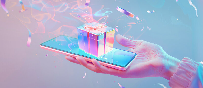 hand holding a gift box emerging from a smartphone screen essence of gift e commerce and online shopping