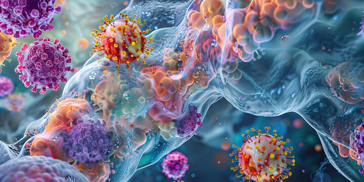 Virus infected cell a microscopic view of a cell infected with a disease fighting to regain control of the body.