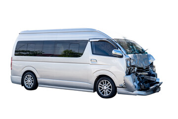Front view of white van get damaged by accident on the road. damaged cars after collision. isolated...